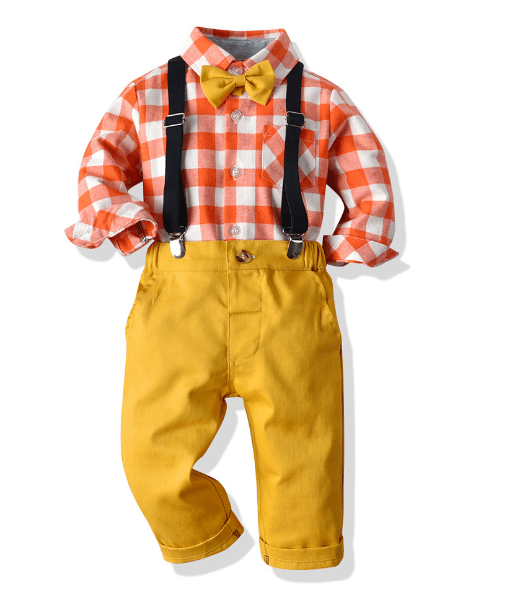 Boys' Multicolor Plaid Long-sleeved Shirt Retro Suspender Pants - TOYCENT 