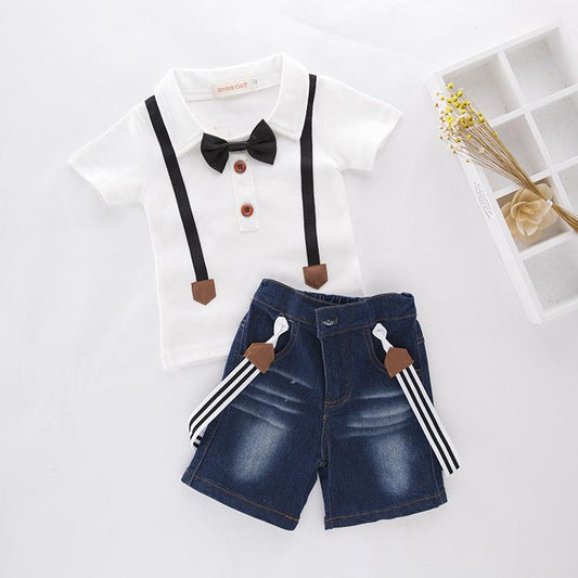 Children's Denim Suit New Summer Boy's Short-sleeved T-shirt Shoulder Strap Jeans 2-Piece Set - TOYCENT 