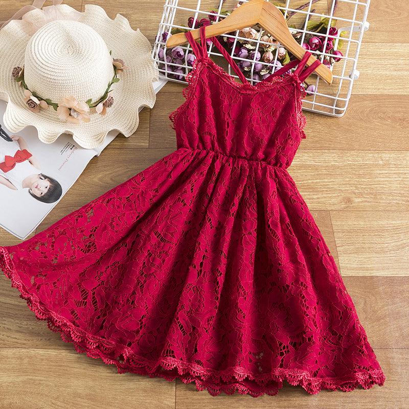 Children's Embroidered Skirt Lace Dress With Suspenders And Beautiful Back - TOYCENT 