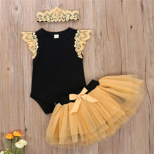 Summer Cute Baby Girl Pure Cotton Casual Clothing Suit Bow Ruffled Bodysuit Tutu Headband Baby Clothing - TOYCENT 