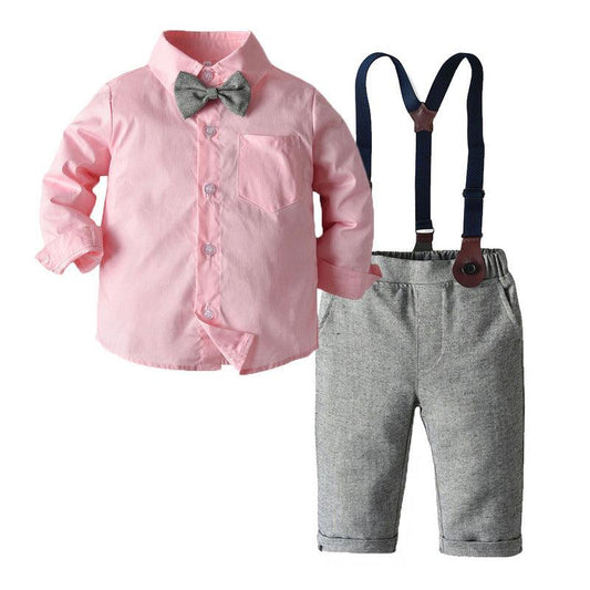 Boys Bib Solid Color Shirt Long-Sleeved Two-Piece Suit - TOYCENT 