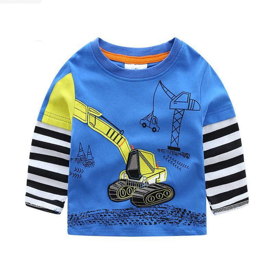 Boys T-shirt Kids Tees Baby Child Boy Cartoon Tops Spring Children Tee Long Sleeve Cotton Cars Trucks Bus Striped Autumn Shirt - TOYCENT 