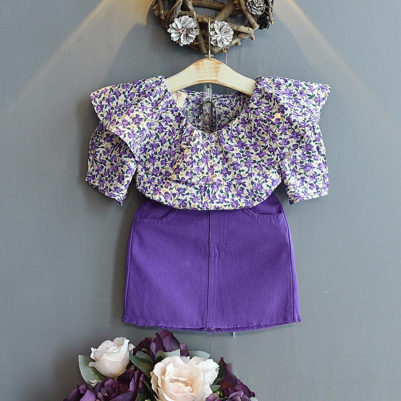 Summer Children's Clothing Korean Fashion Flower Lotus Leaf Collar Shirt Skirt Little Girl Clothing Suit Purple Children's Clothing - TOYCENT 