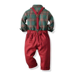 Boys' Multicolor Plaid Long-sleeved Shirt Retro Suspender Pants - TOYCENT 