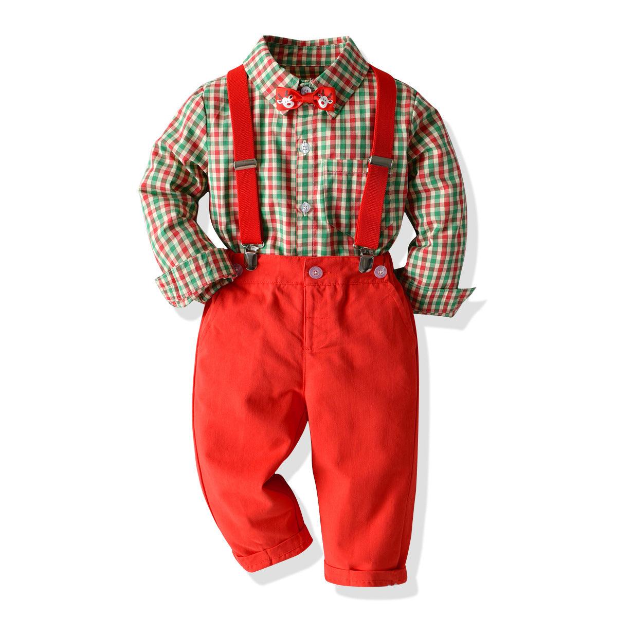 Boys' Plaid Shirt Bow Tie Overalls Party Dress - TOYCENT 