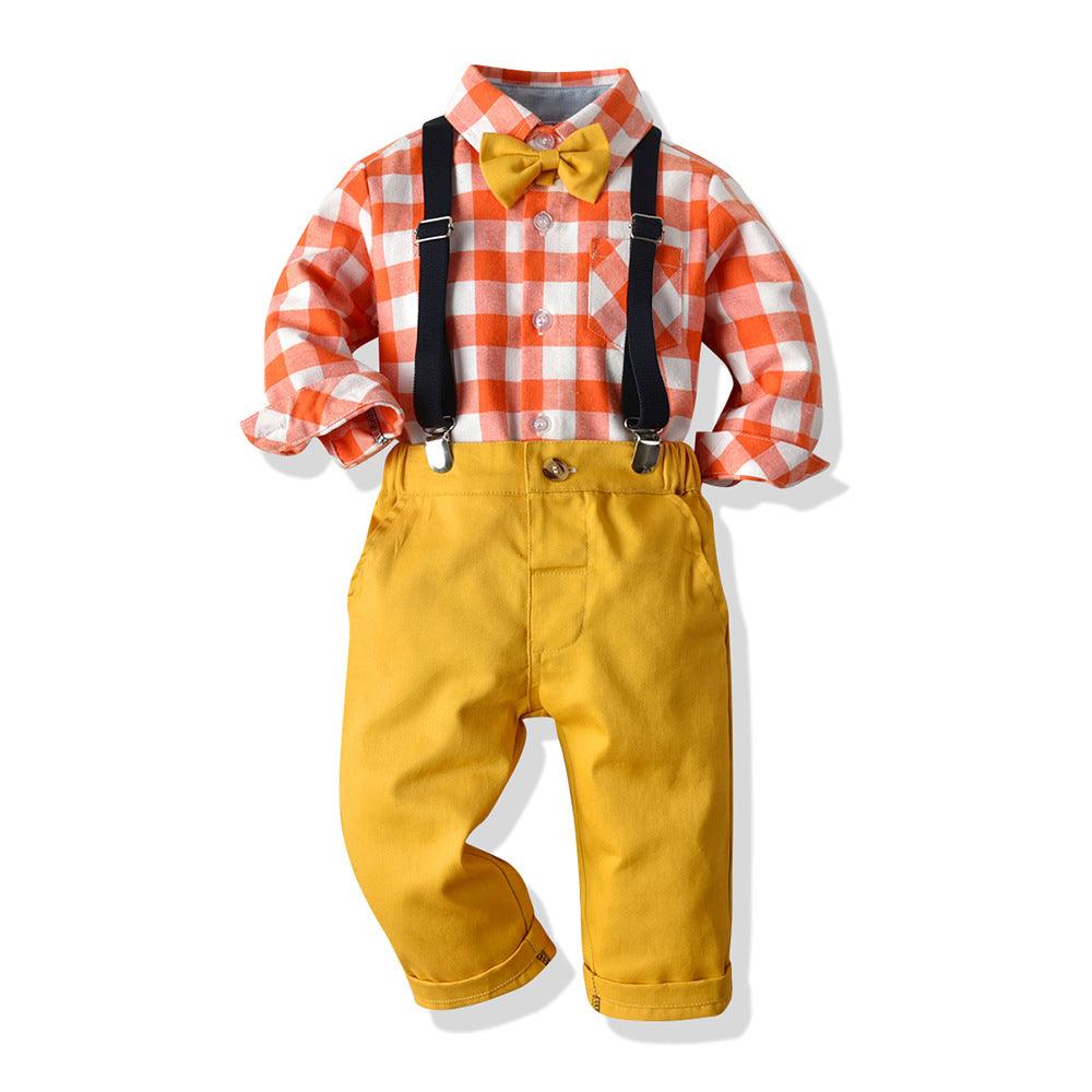 Boys' Multicolor Plaid Long-sleeved Shirt Retro Suspender Pants - TOYCENT 