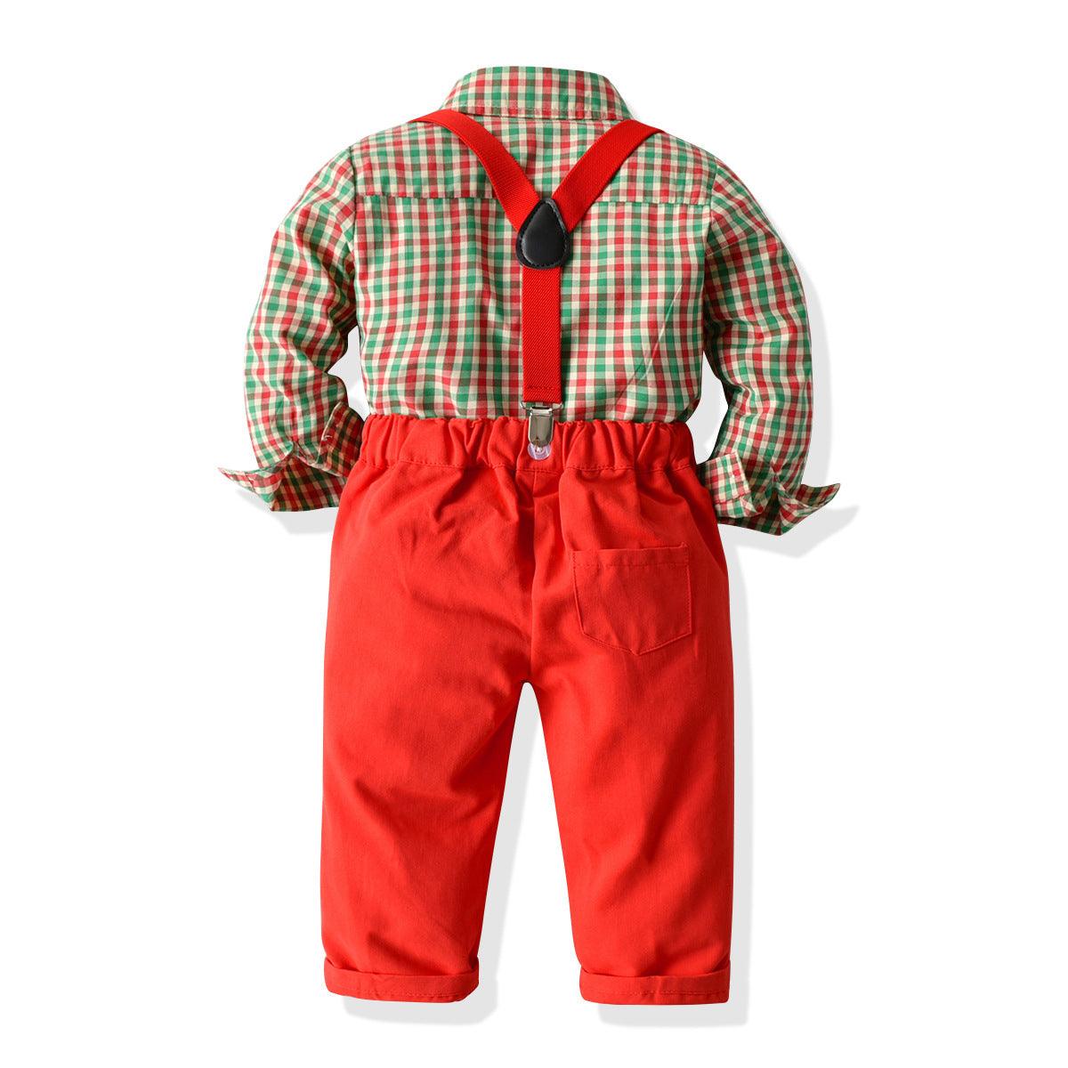 Boys' Plaid Shirt Bow Tie Overalls Party Dress - TOYCENT 