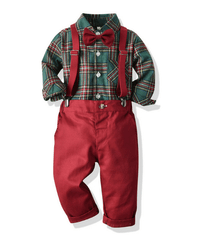 Boys' Multicolor Plaid Long-sleeved Shirt Retro Suspender Pants - TOYCENT 