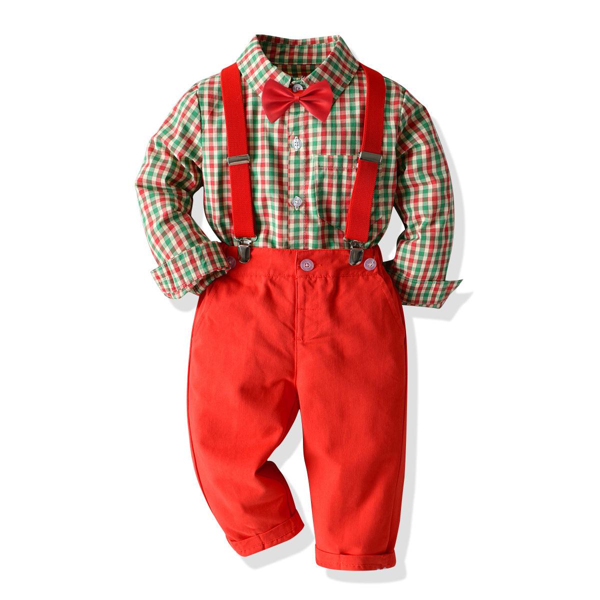 Boys' Plaid Shirt Bow Tie Overalls Party Dress - TOYCENT 