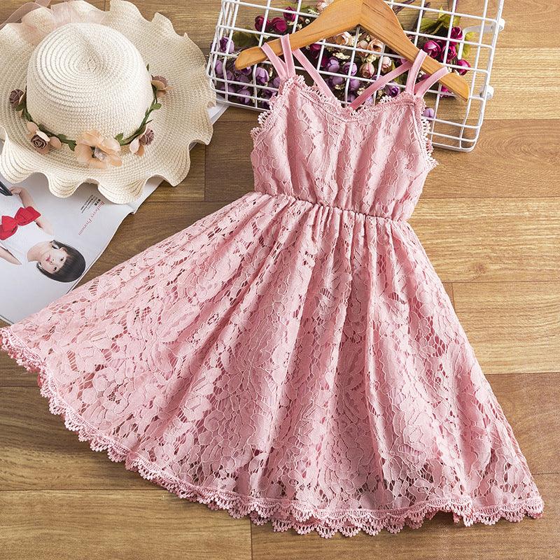 Children's Embroidered Skirt Lace Dress With Suspenders And Beautiful Back - TOYCENT 