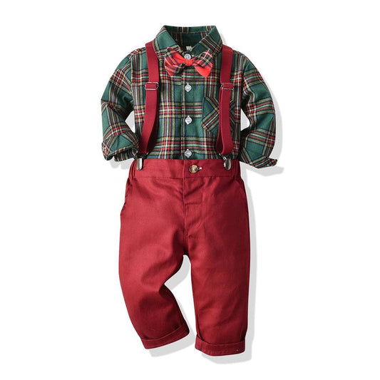 Boys' Multicolor Plaid Long-sleeved Shirt Retro Suspender Pants - TOYCENT 
